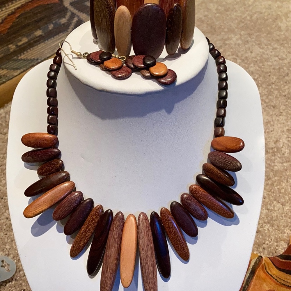 Necklace, bracelet, & earrings/unique wooden beads